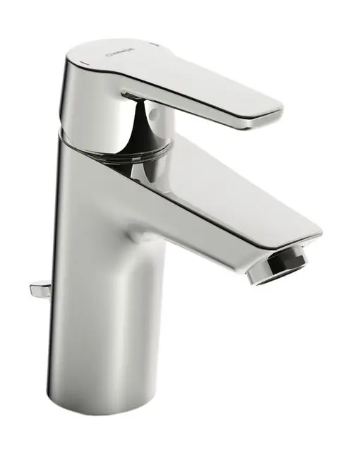 Einhebelmischer mit Hochglanz-Oberfläche, hergestellt von HANSA. Der Wasserhahn verfügt über einen Komforthebel und eine integrierte Zugstangenablaufgarnitur.